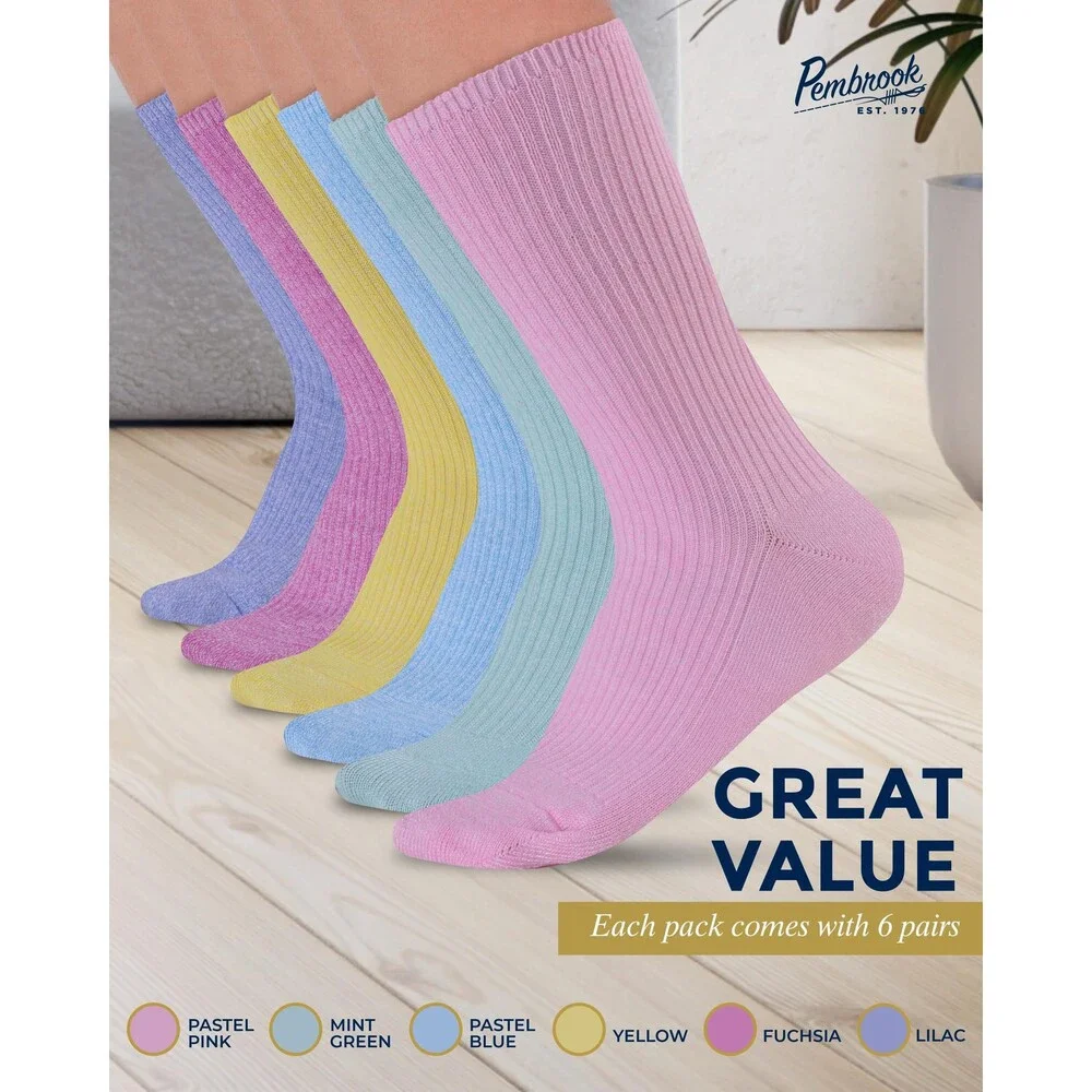 Pembrook Women's Pink Light Purple Blue Green Yellow Ribbed Knit SZ9-11-6PK